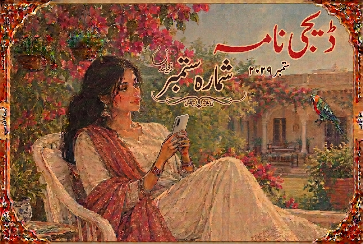 پرانے اردو ڈائجسٹ کے انداز میں تصویری خاکہ — باغ میں کرسی پر بیٹھی ایک لڑکی فون پر ڈیجی نامہ پڑھ رہی ہے